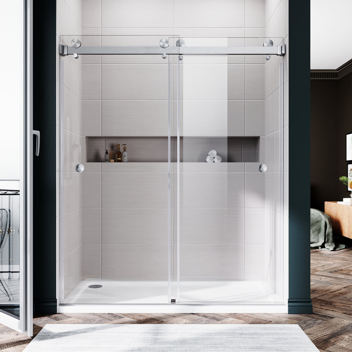 DSD01 61 to 65 in. W x 76 or 80in. 2TB H Double Sliding Frameless Shower Door, EnduroShield 3/8 in. Clear Glass
