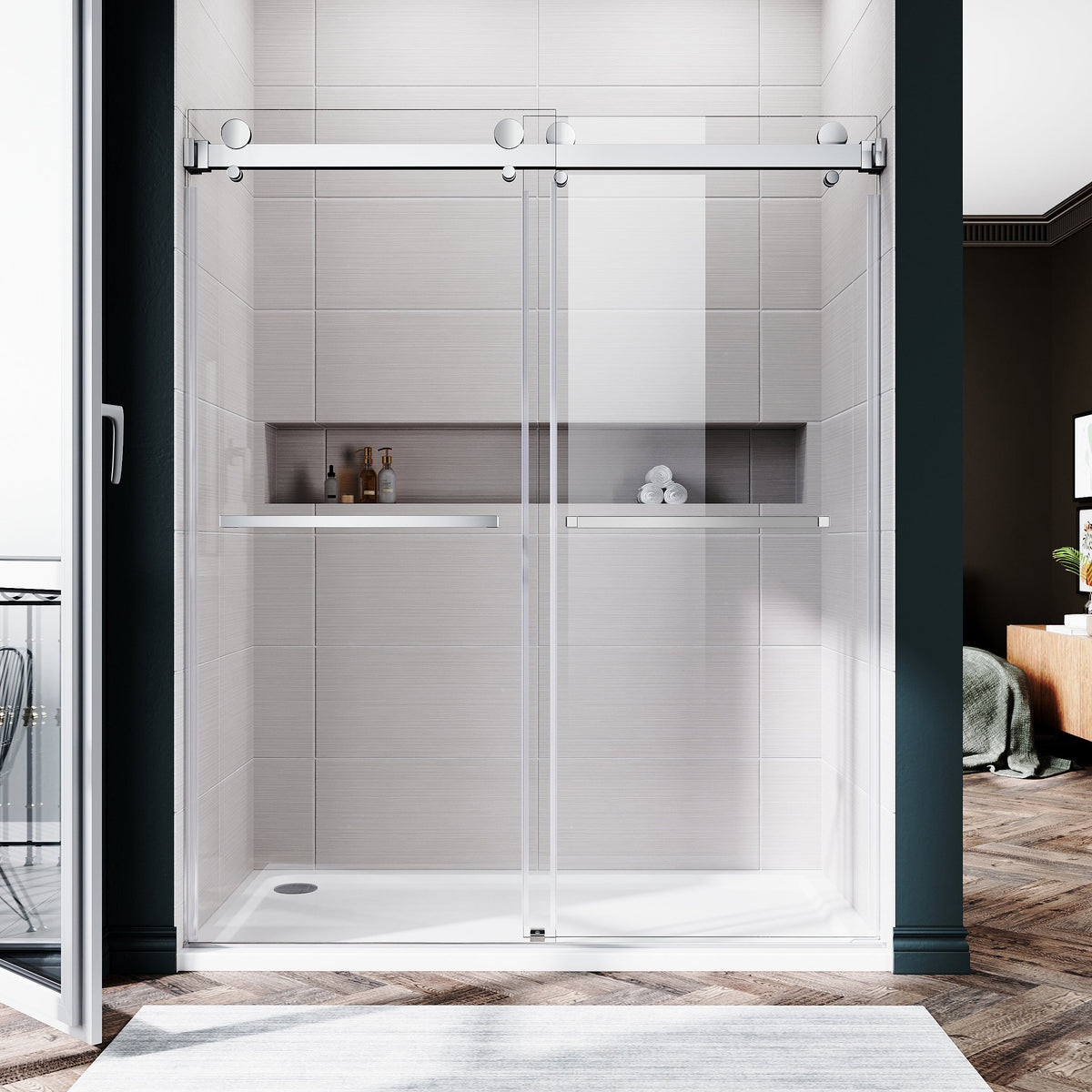 DSD01 56 to 60 in. W x 72 or 76in. 2TB H Double Sliding Frameless Shower Door, EnduroShield 3/8 in. Clear Glass - wholesale