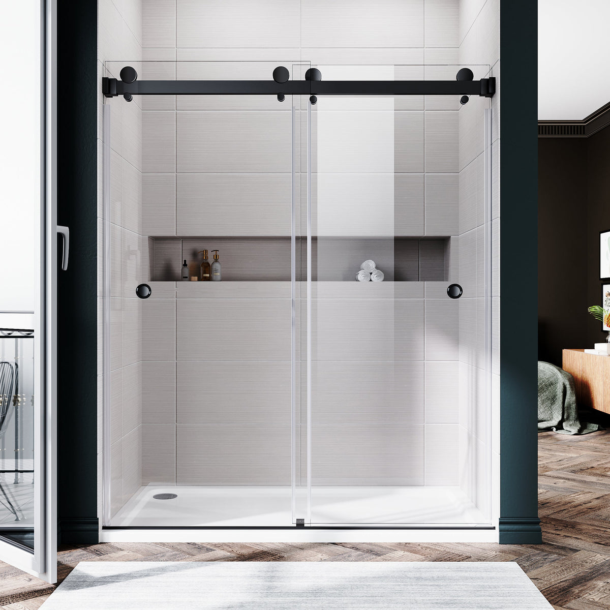 DSD01 61 to 65 in. W x 76 or 80in. 2TB H Double Sliding Frameless Shower Door, EnduroShield 3/8 in. Clear Glass