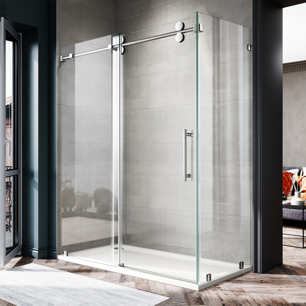 DS04RP 66 to 72 in. W x 32-36 in. D x 80 in. H U-Channel Frameless Sliding Shower Door in with EnduroShield 3/8 in. Clear Glass