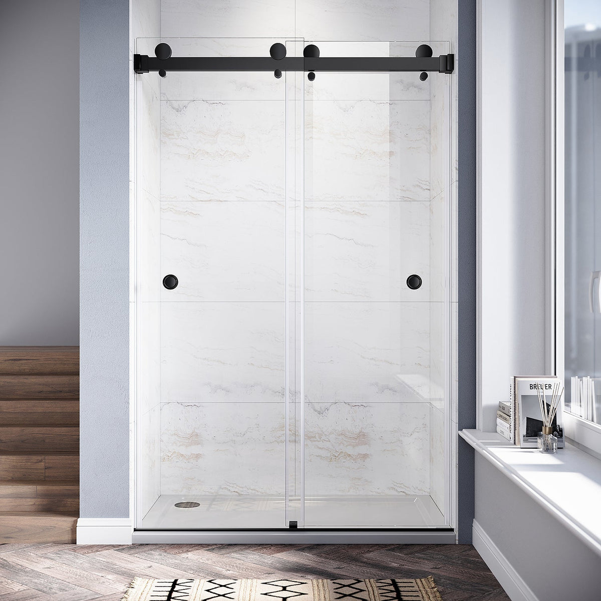 DSD01 46 to 49 in. W x 76 or 80in. 2FP H Double Sliding Frameless Shower Door, EnduroShield 3/8 in. Clear Glass
