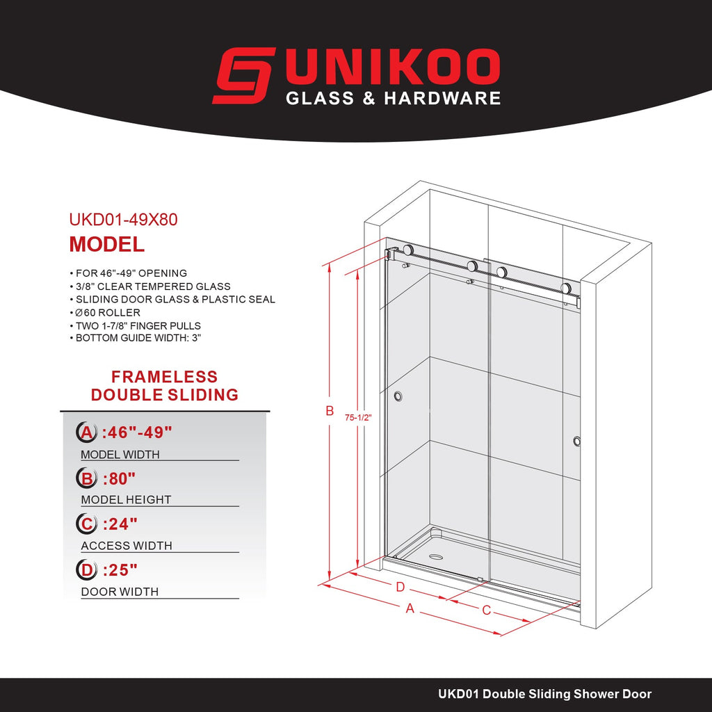 DSD01 46 to 49 in. W x 76 or 80in. 2FP H Double Sliding Frameless Shower Door, EnduroShield 3/8 in. Clear Glass