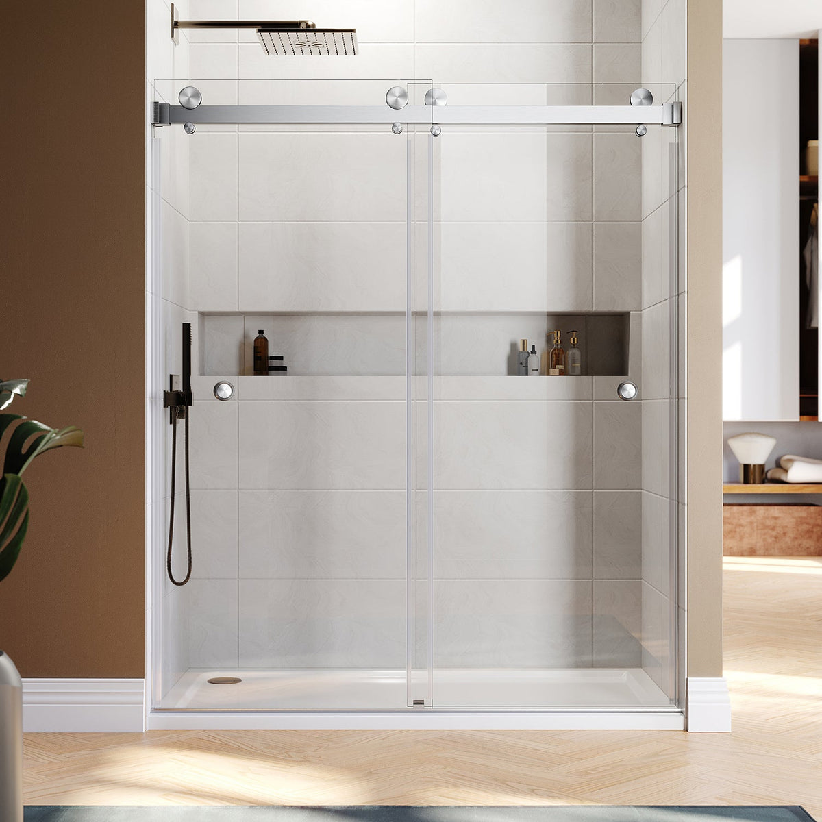 DSD01 56 to 58 in. W x 76 & 80in. 2FP H Double Sliding Frameless Shower Door, EnduroShield 3/8 in. Clear Glass