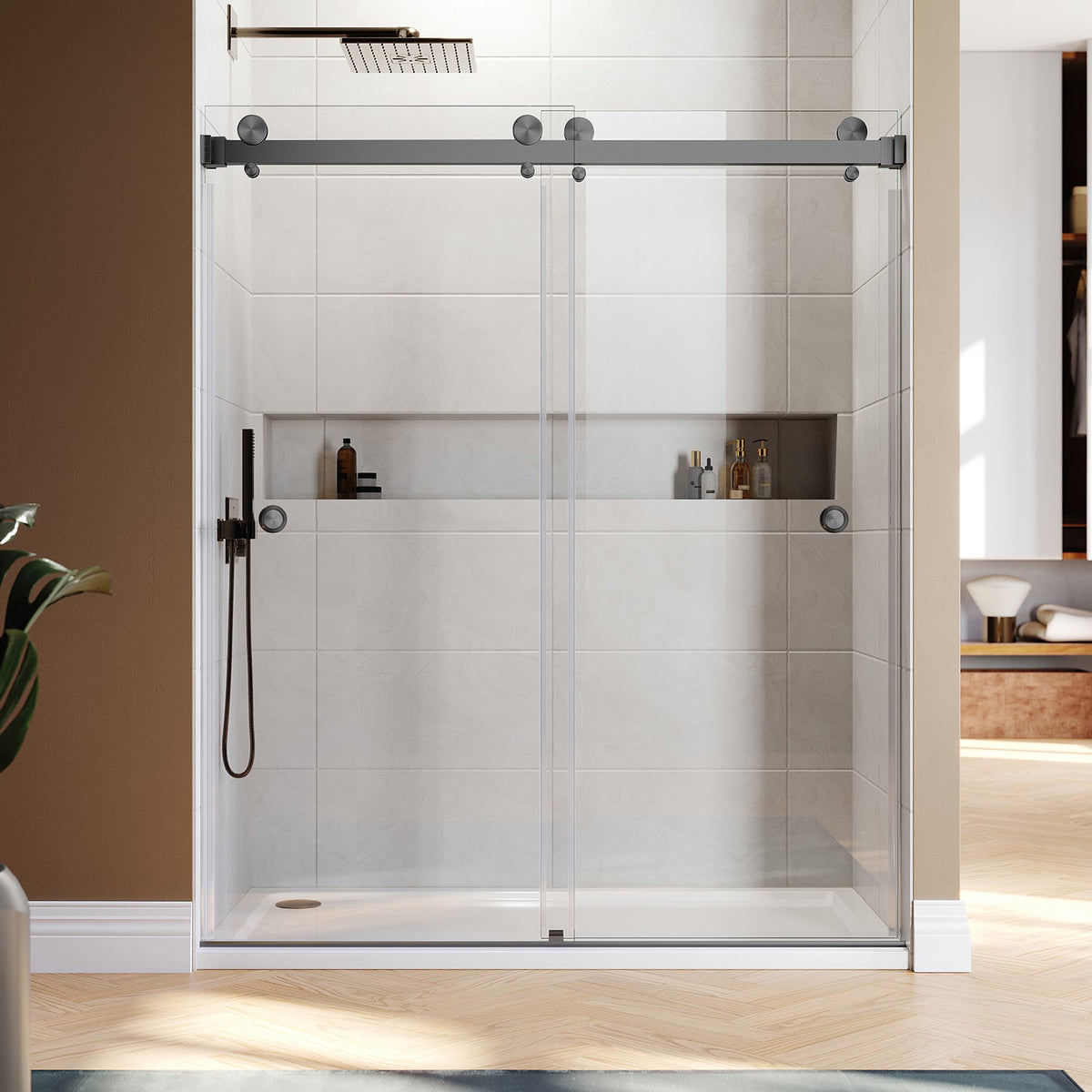 DSD01 56 to 58 in. W x 76 & 80in. 2FP H Double Sliding Frameless Shower Door, EnduroShield 3/8 in. Clear Glass