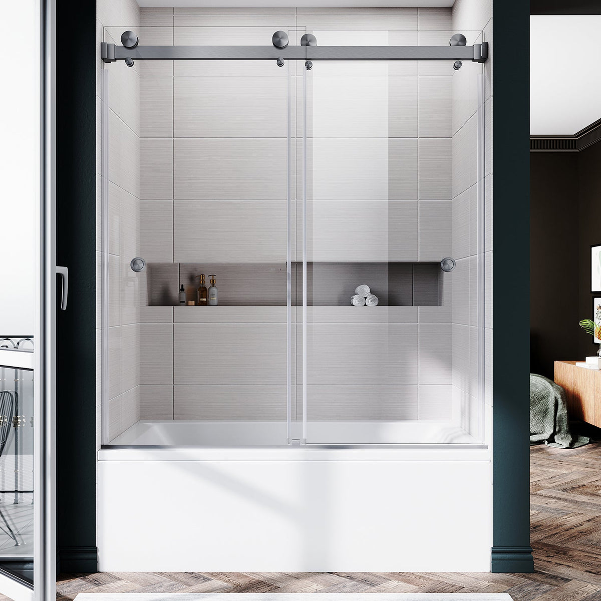 DSD01 56 to 65 in. W x 66 in. 2FP H Double Sliding Frameless Shower Door, EnduroShield 3/8 in. Clear Glass