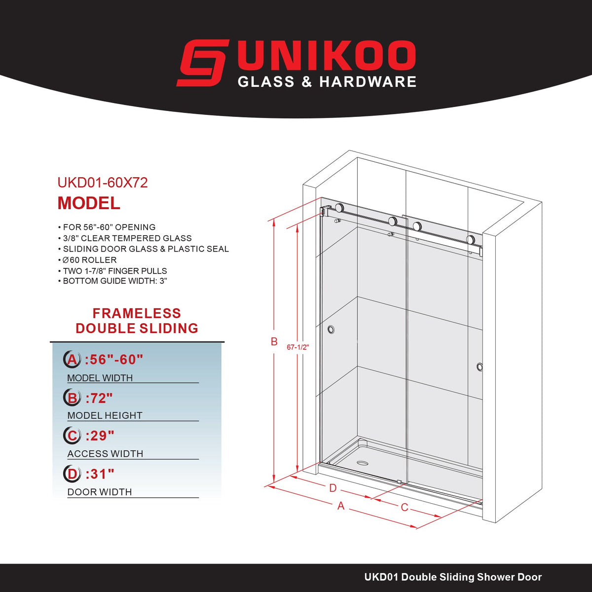 DSD01 56 to 60 in. W x 72 or 76in. 2TB H Double Sliding Frameless Shower Door, EnduroShield 3/8 in. Clear Glass - wholesale