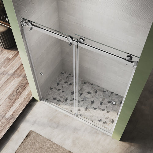 DS01-56 to 60 in. W x 80in. 2FP H Double Sliding Frameless Shower Door, EnduroShield 3/8 in. Optiwhite Glass