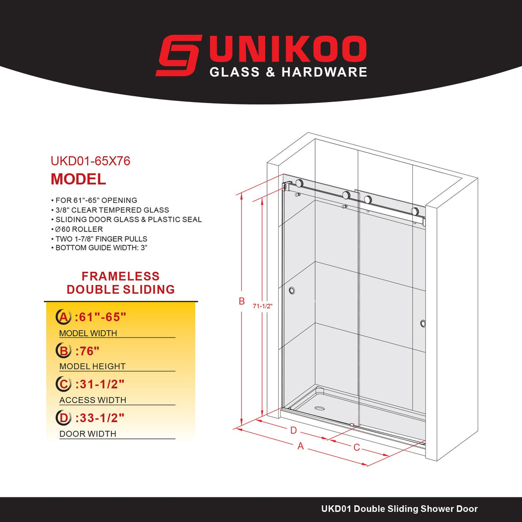 DSD01 61 to 65 in. W x 76 or 80in. 2FP H Double Sliding Frameless Shower Door, EnduroShield 3/8 in. Clear Glass