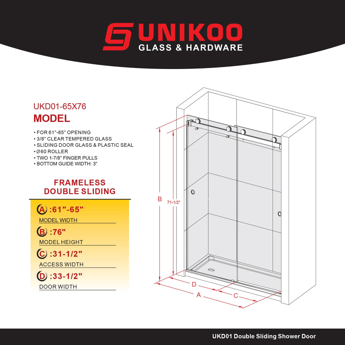 DSD01 61 to 65 in. W x 76 or 80in. 2FP H Double Sliding Frameless Shower Door, EnduroShield 3/8 in. Clear Glass