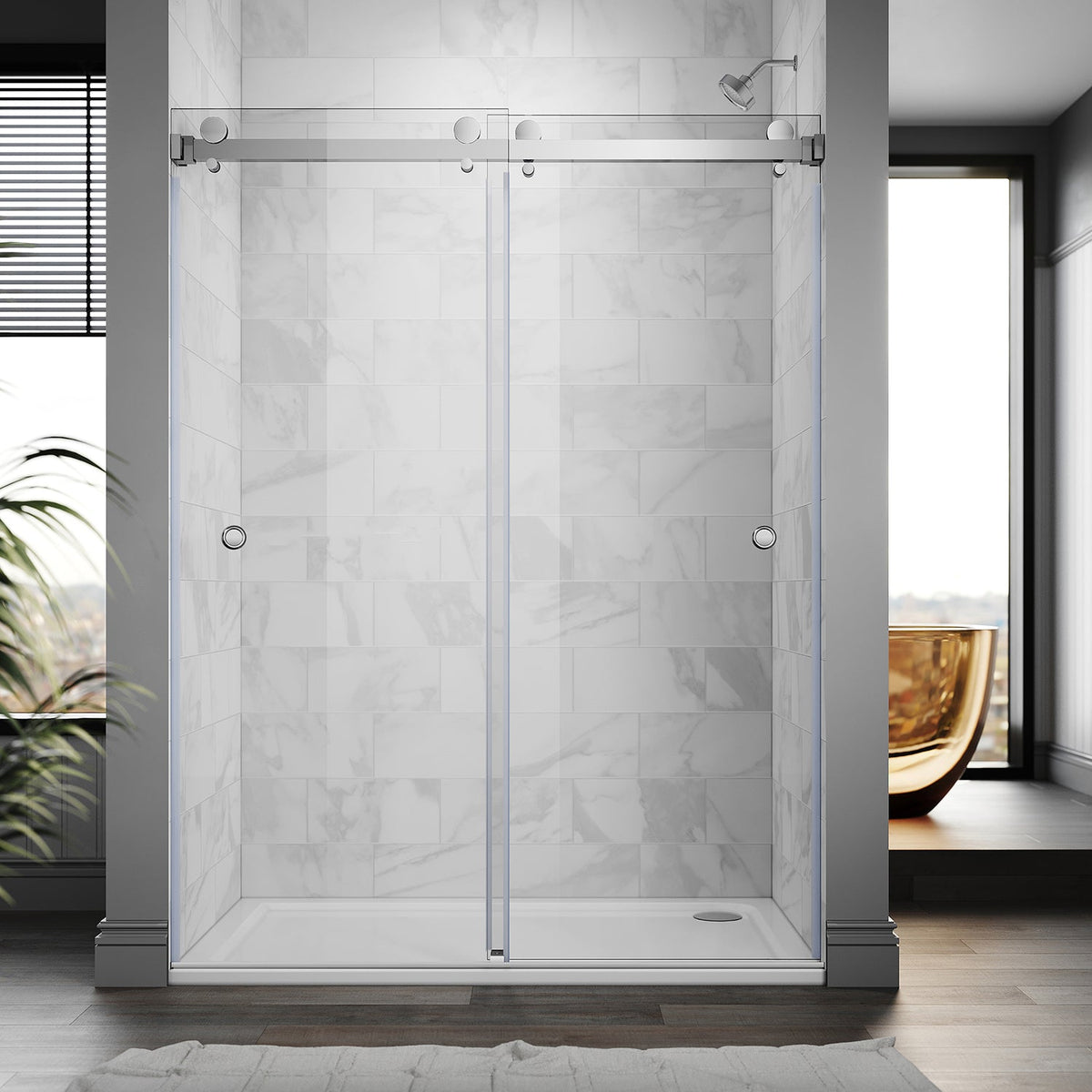DSD01 61 to 65 in. W x 76 or 80in. 2FP H Double Sliding Frameless Shower Door, EnduroShield 3/8 in. Clear Glass