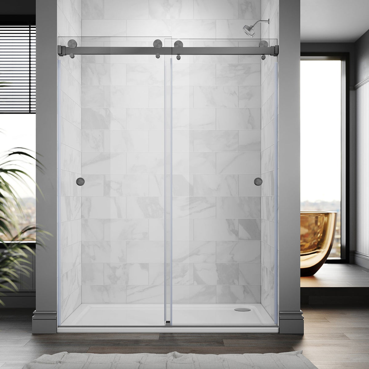 DSD01 61 to 65 in. W x 76 or 80in. 2FP H Double Sliding Frameless Shower Door, EnduroShield 3/8 in. Clear Glass
