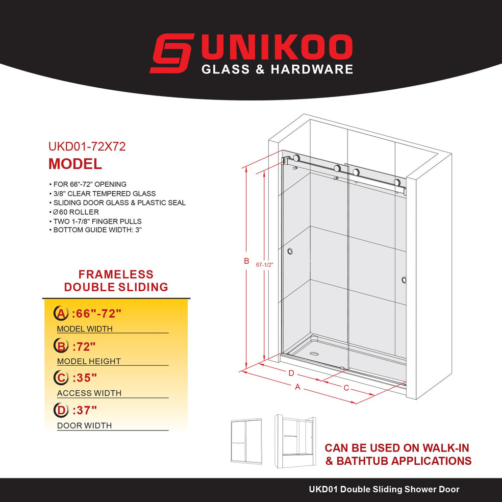 DSD01 66 to 72 in. W x 72, 76 or 80in. 2FP H Double Sliding Frameless Shower Door, EnduroShield 3/8 in. Clear Glass