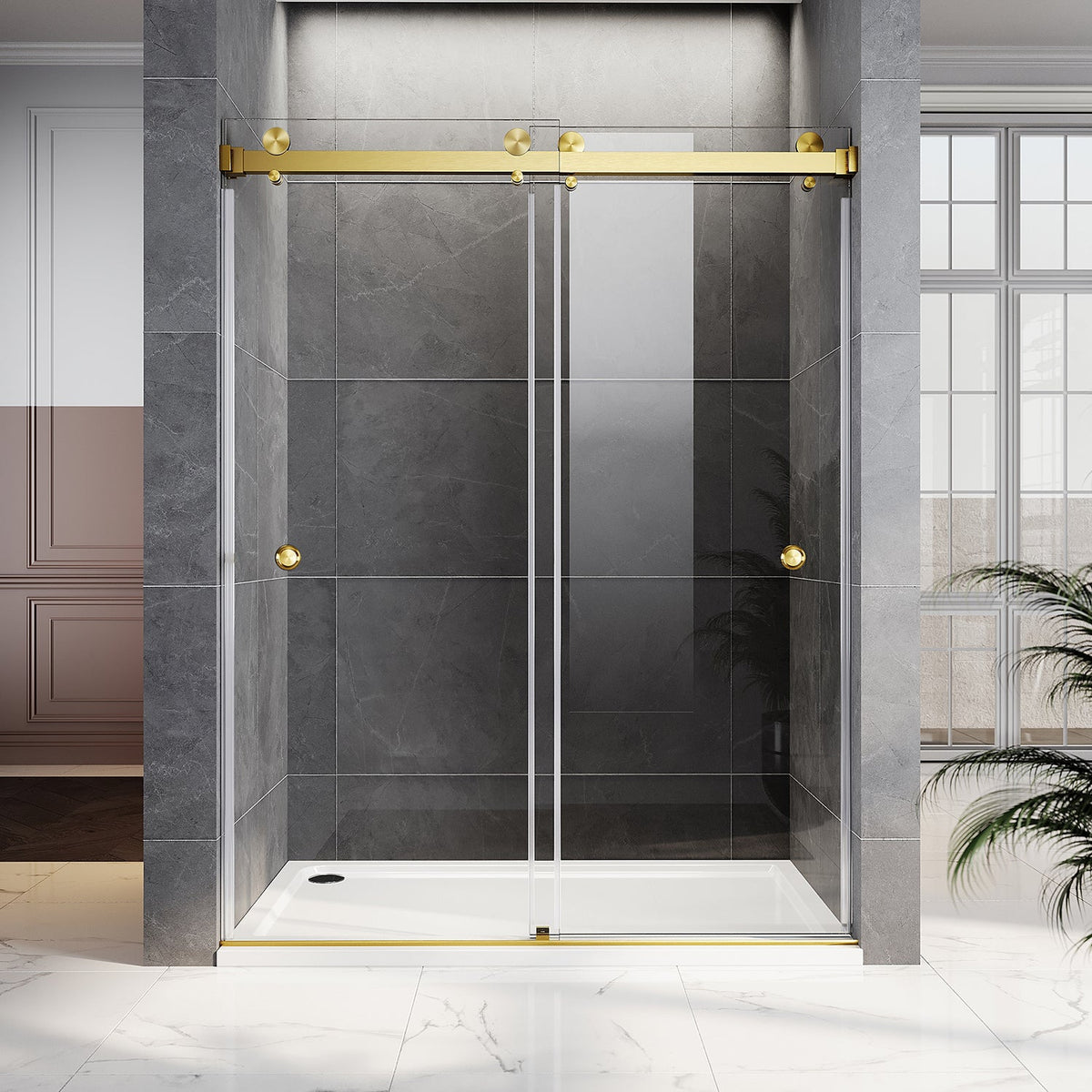 DSD01 66 to 72 in. W x 72, 76 or 80in. 2FP H Double Sliding Frameless Shower Door, EnduroShield 3/8 in. Clear Glass