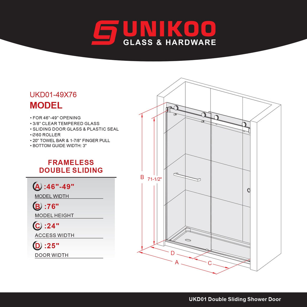 DSD01 46 to 49 in. W x 76 or 80 in. H Double Sliding Frameless Shower Door Enduro Shield 3/8 in. Clear Glass