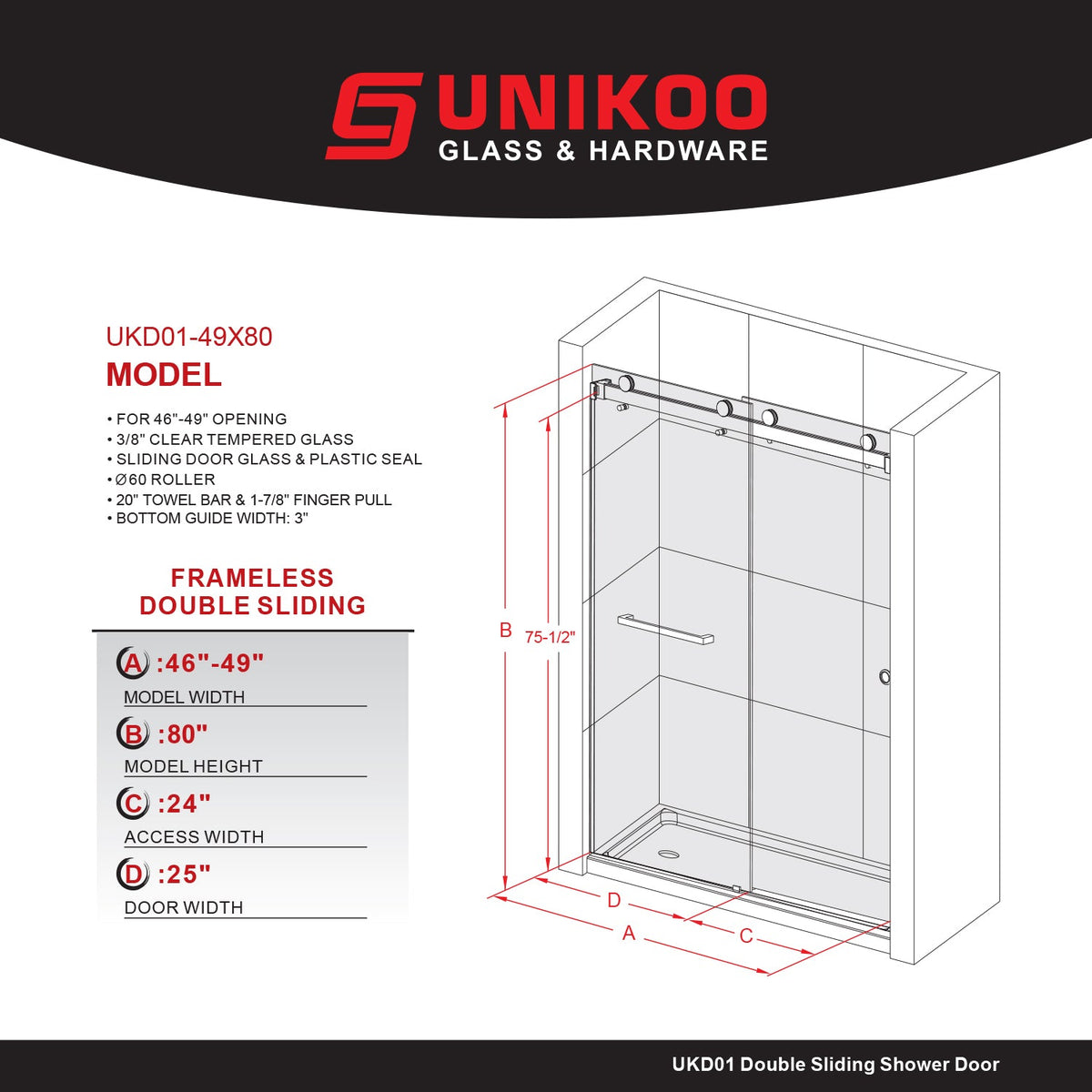 DSD01 46 to 49 in. W x 76 or 80 in. H Double Sliding Frameless Shower Door Enduro Shield 3/8 in. Clear Glass