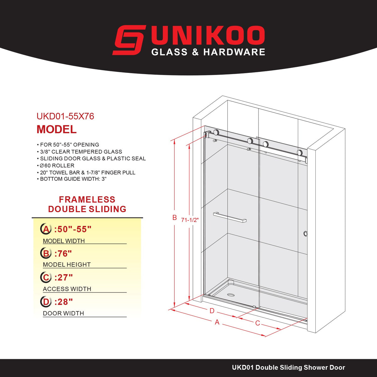 DSD01 50 to 55 in. W x 76 or 80 in. H Double Sliding Frameless Shower Door, EnduroShield 3/8 in. Clear Glass