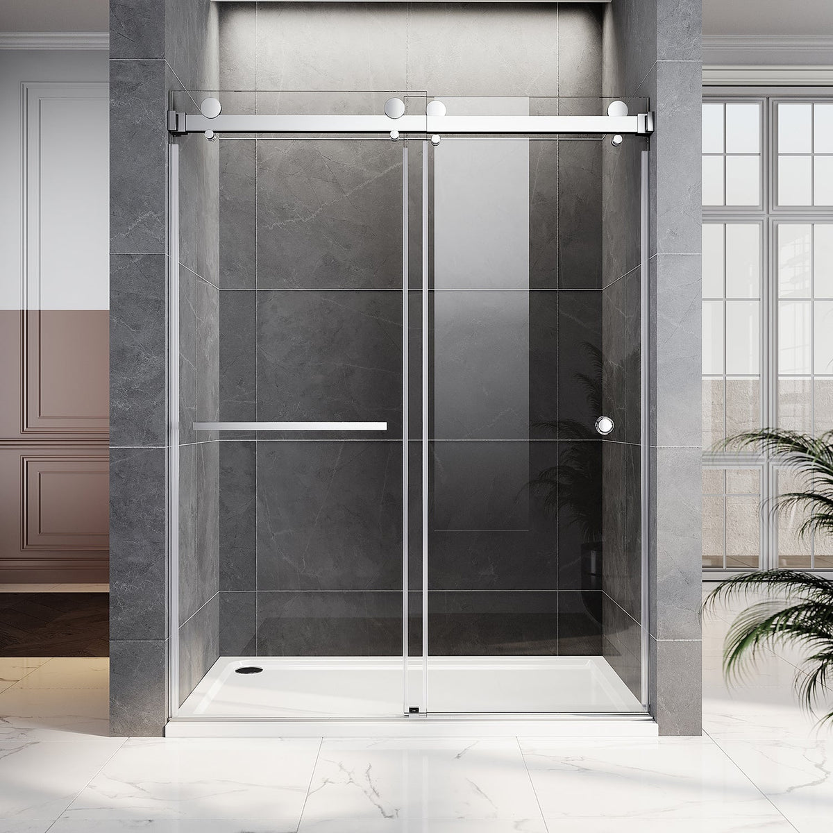 DSD01 56 to 60 in. W x 80 in. H Double Sliding Frameless Shower Door, Enduro Shield 3/8 in. Clear Glass
