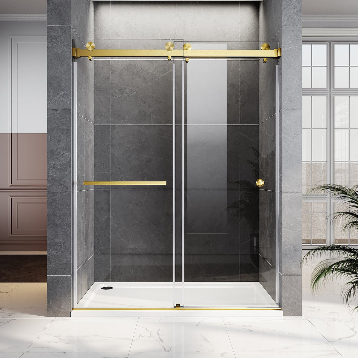 DSD01 56 to 60 in. W x 80 in. H Double Sliding Frameless Shower Door, Enduro Shield 3/8 in. UnikCrystal Glass