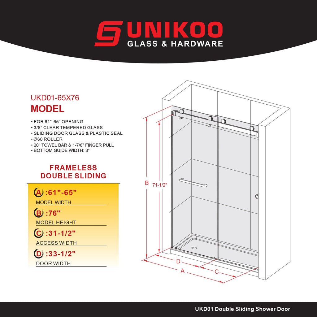 DSD01 61 to 65 in. W x 76 or 80 in. H Double Sliding Frameless Shower Door in, EnduroShield 3/8 in. Clear Glass