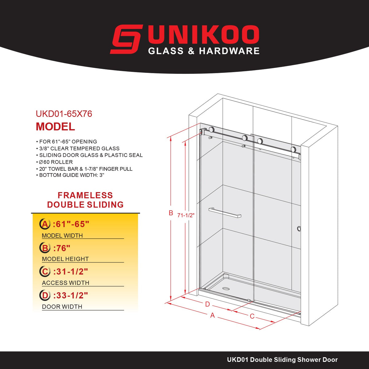 DSD01 61 to 65 in. W x 76 or 80 in. H Double Sliding Frameless Shower Door in, EnduroShield 3/8 in. Clear Glass