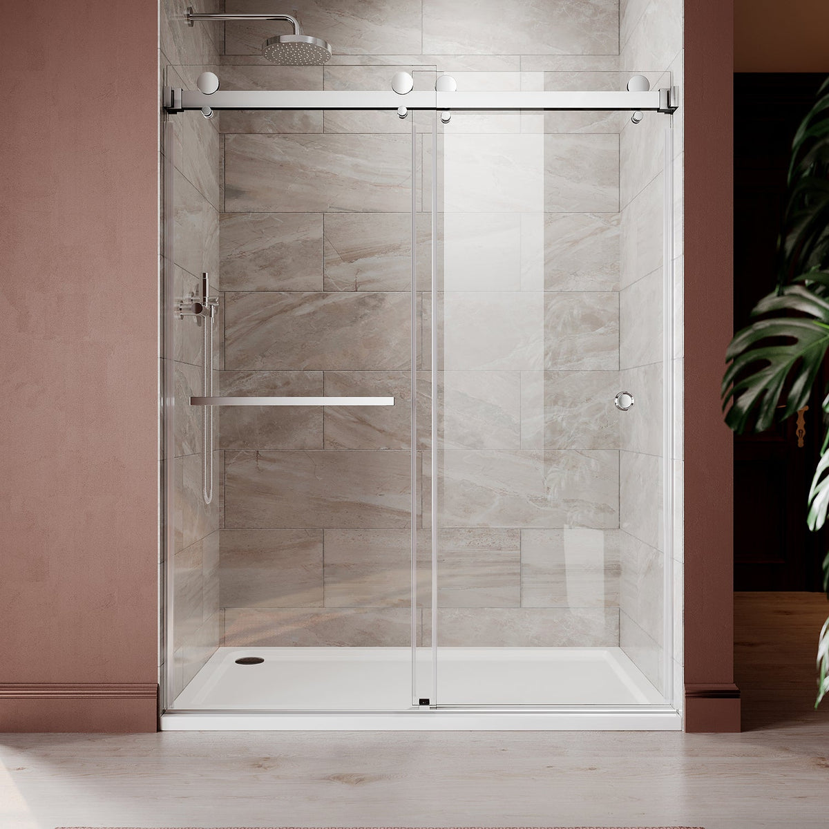 DSD01 61 to 65 in. W x 76 or 80 in. H Double Sliding Frameless Shower Door in, EnduroShield 3/8 in. Clear Glass