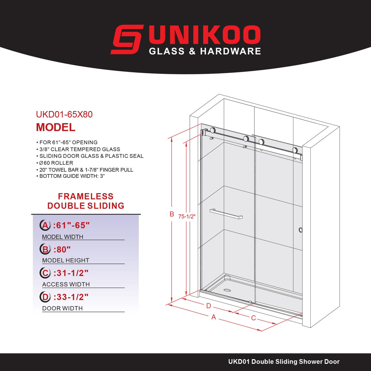 DSD01 61 to 65 in. W x 76 or 80 in. H Double Sliding Frameless Shower Door in, EnduroShield 3/8 in. Clear Glass