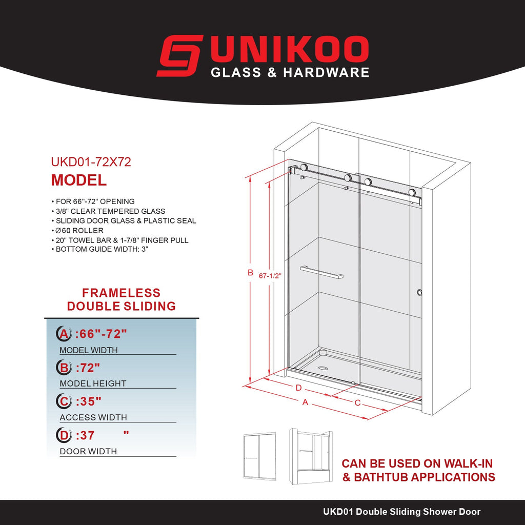 DSD01 66 to 72 in. W x 72, 76 or 80 in. H Double Sliding Frameless Shower Door, EnduroShield 3/8 in. Clear Glass