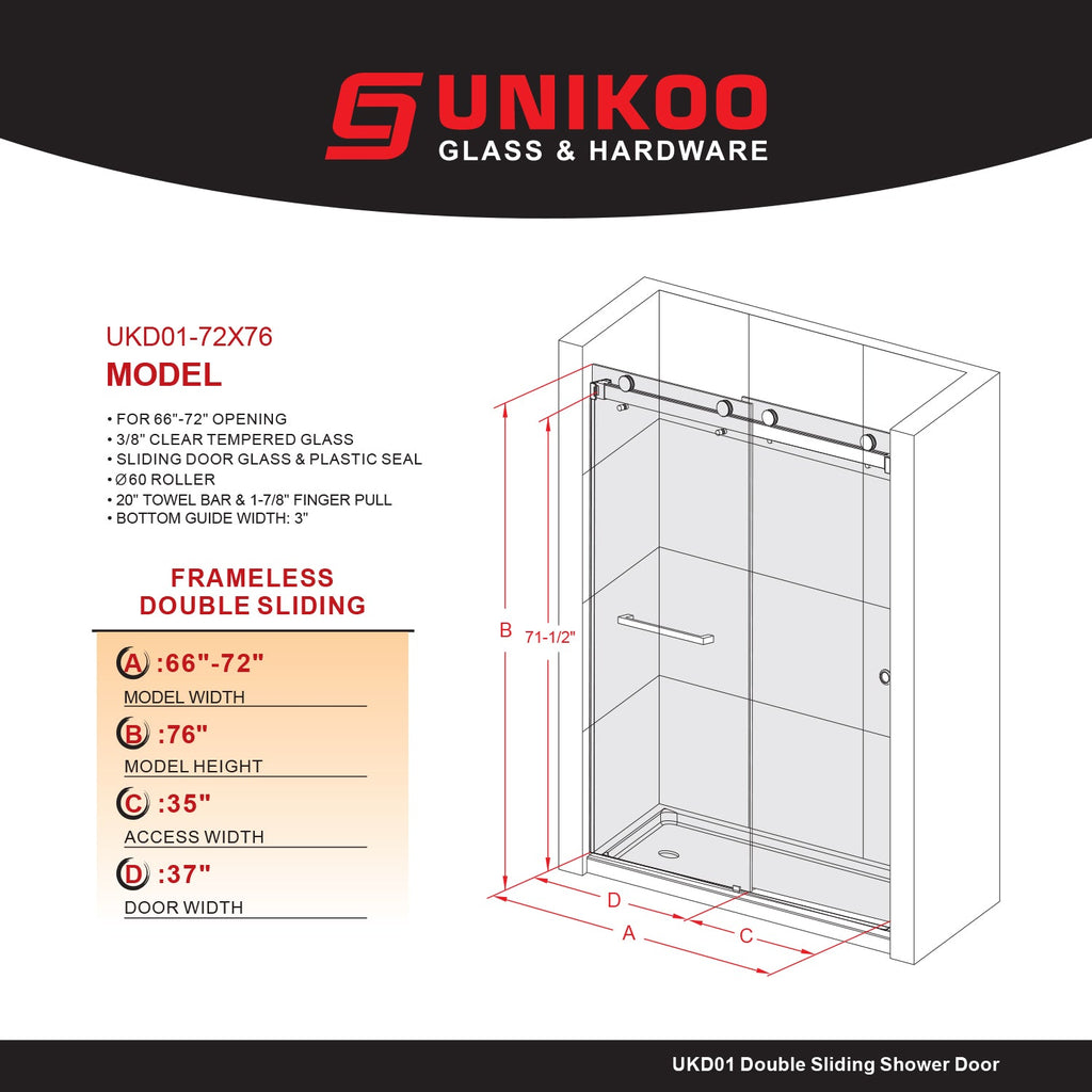 DSD01 66 to 72 in. W x 72, 76 or 80 in. H Double Sliding Frameless Shower Door, EnduroShield 3/8 in. Clear Glass