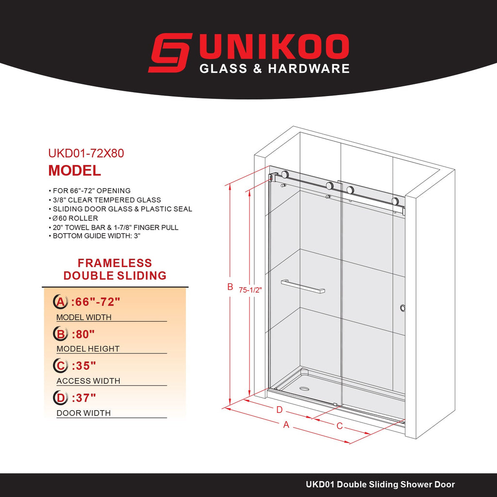 DSD01 66 to 72 in. W x 72, 76 or 80 in. H Double Sliding Frameless Shower Door, EnduroShield 3/8 in. Clear Glass
