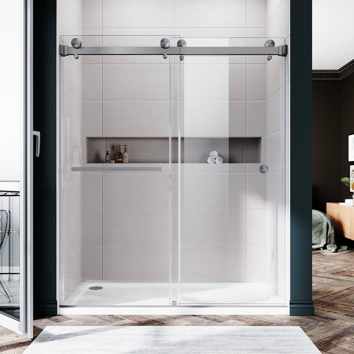 DSD01 66 to 72 in. W x 72, 76 or 80 in. H Double Sliding Frameless Shower Door, EnduroShield 3/8 in. Clear Glass