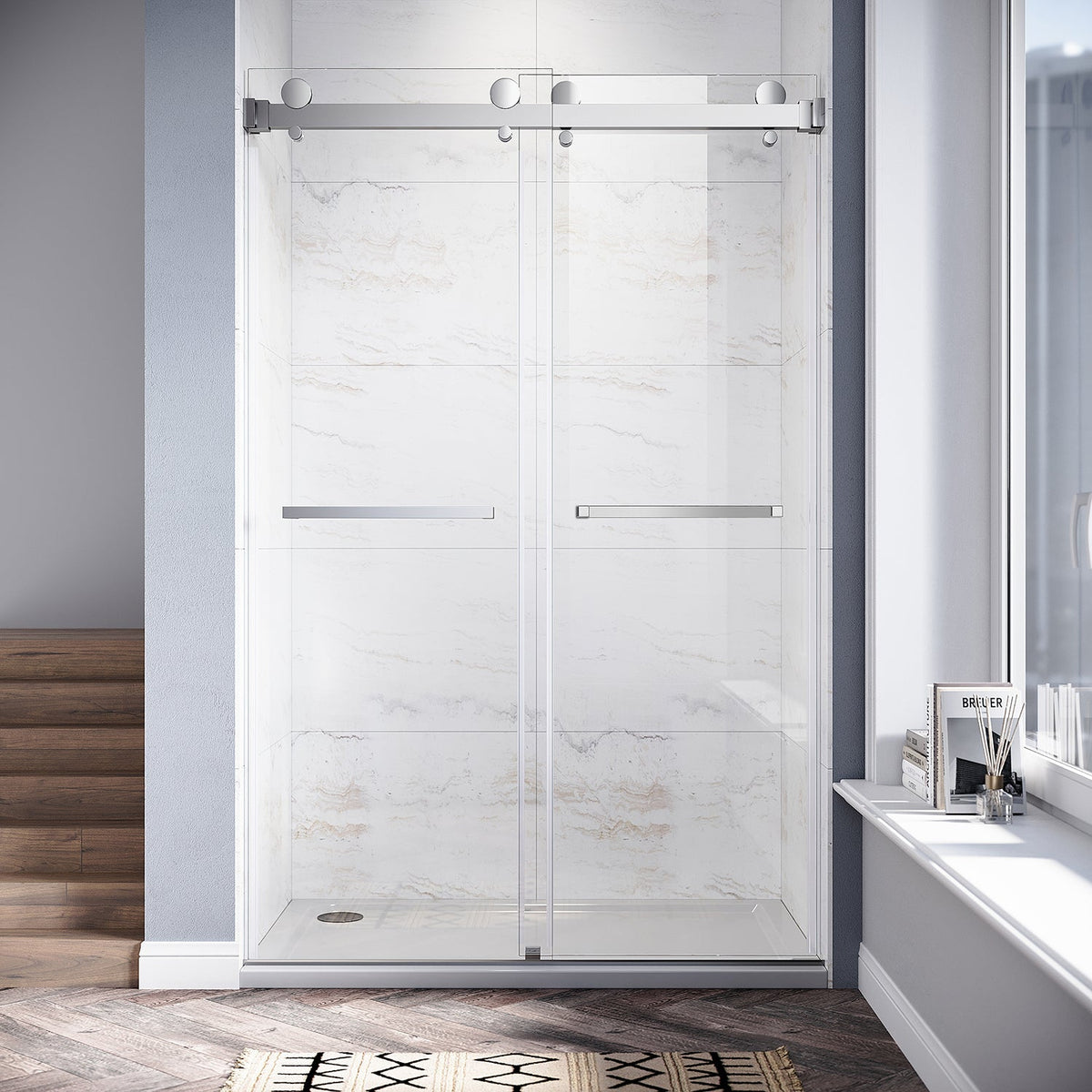 DSD01 46 to 49 in. W x 76 or 80in. 2TB H Double Sliding Frameless Shower Door, EnduroShield 3/8 in. Clear Glass