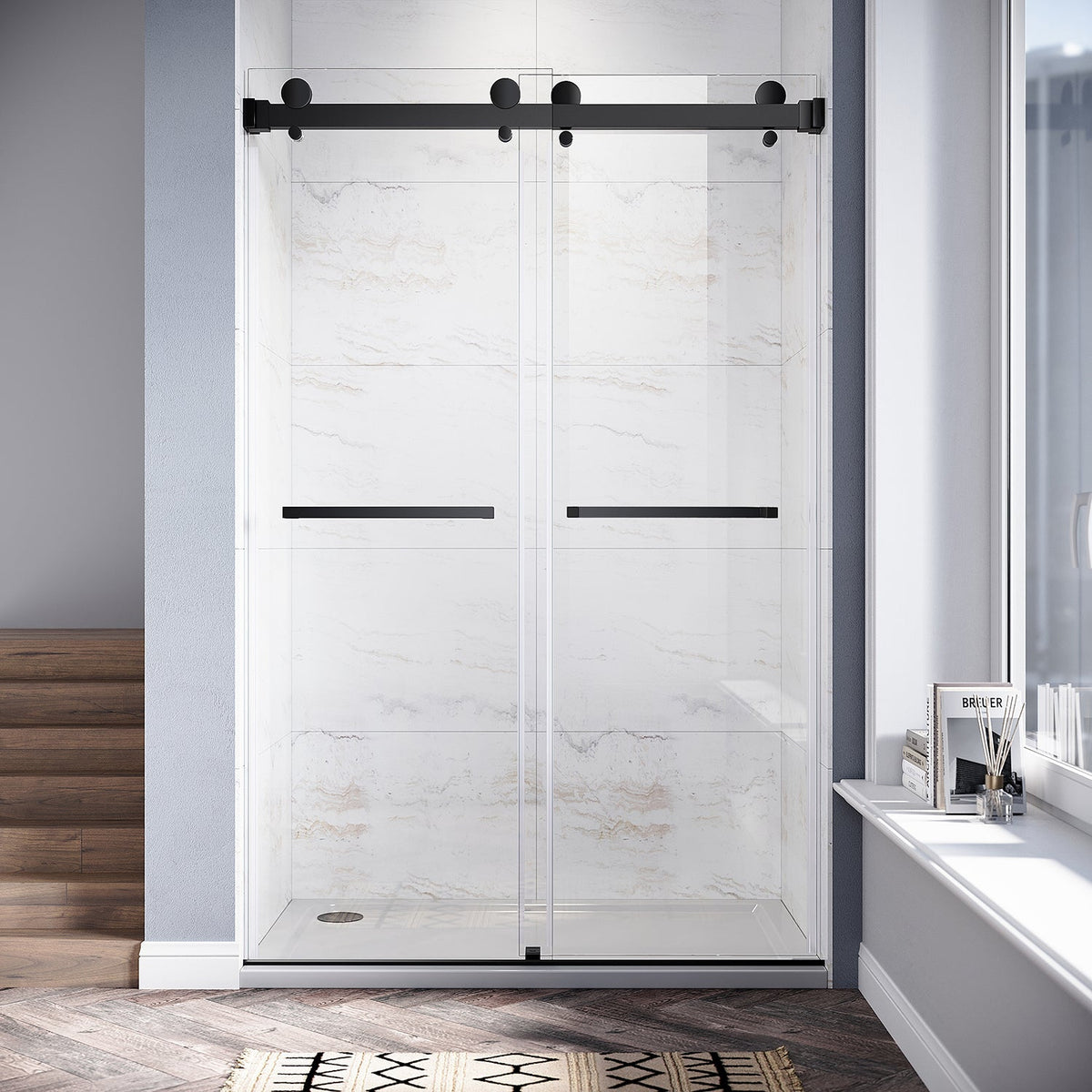 DSD01 46 to 49 in. W x 76 or 80in. 2TB H Double Sliding Frameless Shower Door, EnduroShield 3/8 in. Clear Glass