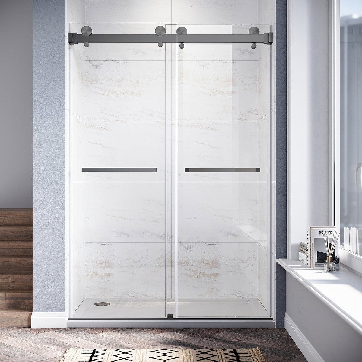 DSD01 46 to 49 in. W x 76 or 80in. 2TB H Double Sliding Frameless Shower Door, EnduroShield 3/8 in. Clear Glass