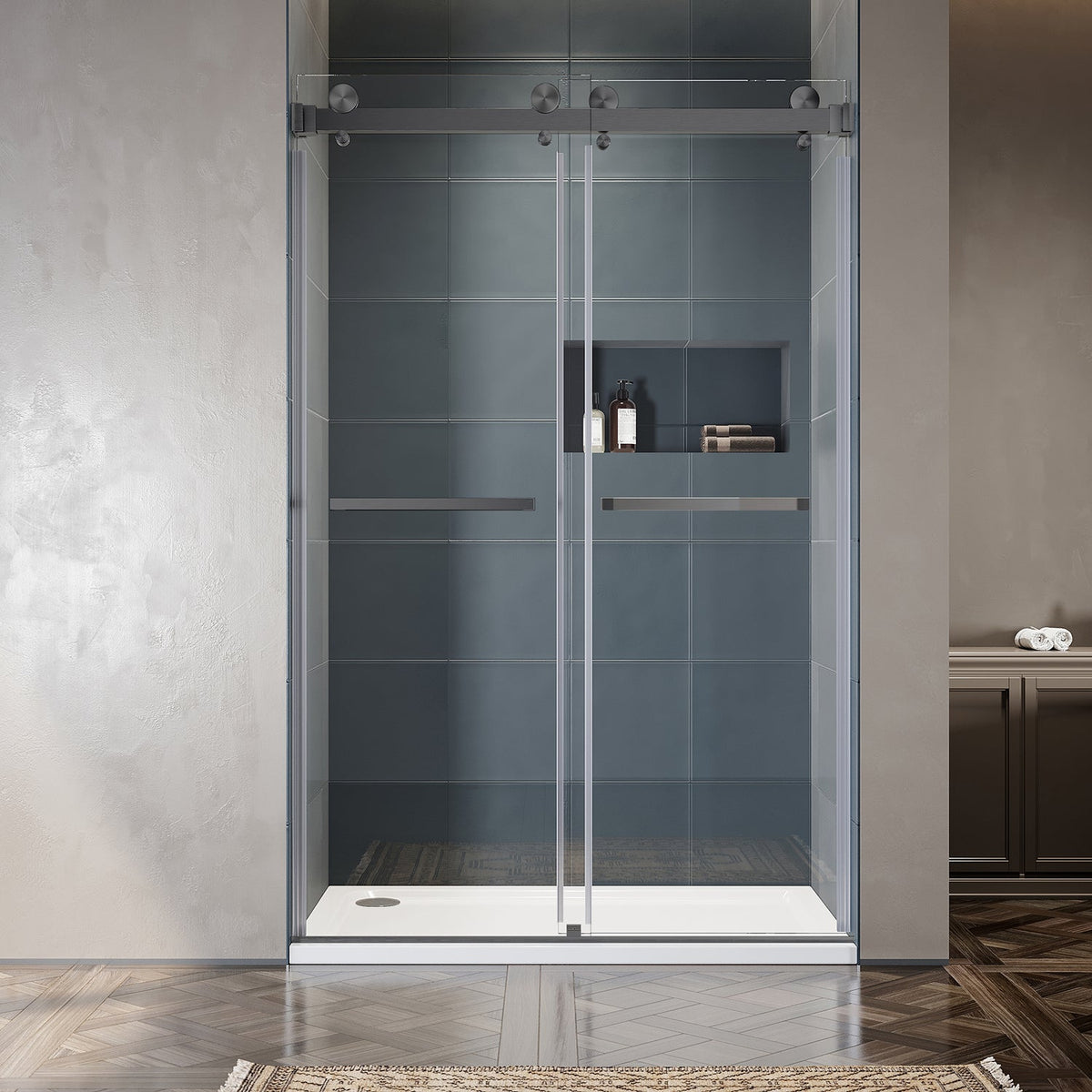 DSD01 50 to 55 in. W x 76 or 80in. 2TB H Double Sliding Frameless Shower Door, EnduroShield 3/8 in. Clear Glass