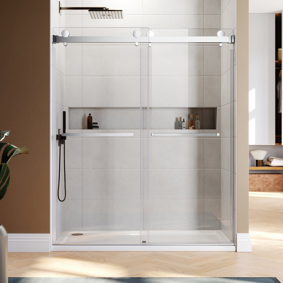 DSD01 56 to 58 in. W x 76 or 80in. 2TB H Double Sliding Frameless Shower Door, EnduroShield 3/8 in. Clear Glass