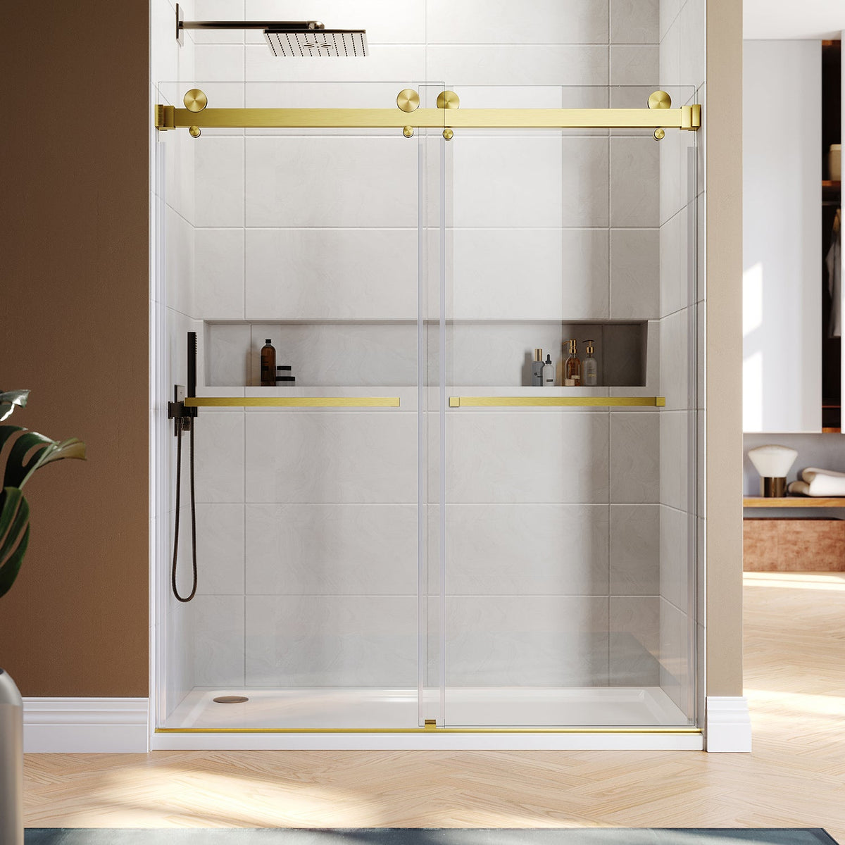 DSD01 56 to 58 in. W x 76 or 80in. 2TB H Double Sliding Frameless Shower Door, EnduroShield 3/8 in. Clear Glass