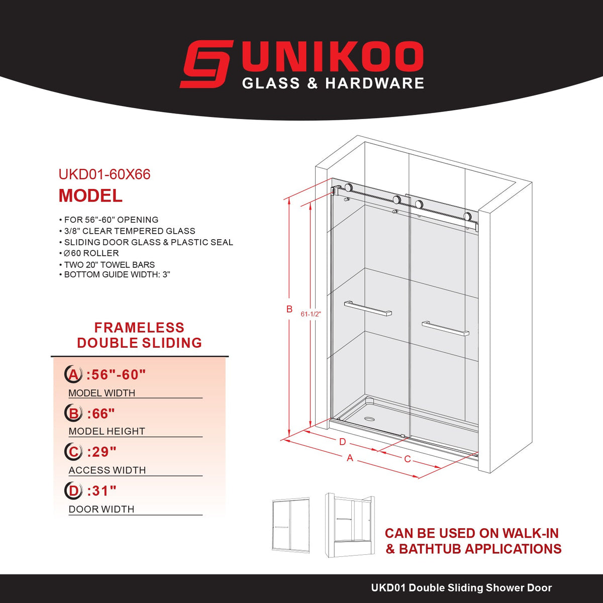 DSD01 56 to 65 in. W x 66in. 2TB H Double Sliding Frameless Shower Door, EnduroShield 3/8 in. Clear Glass