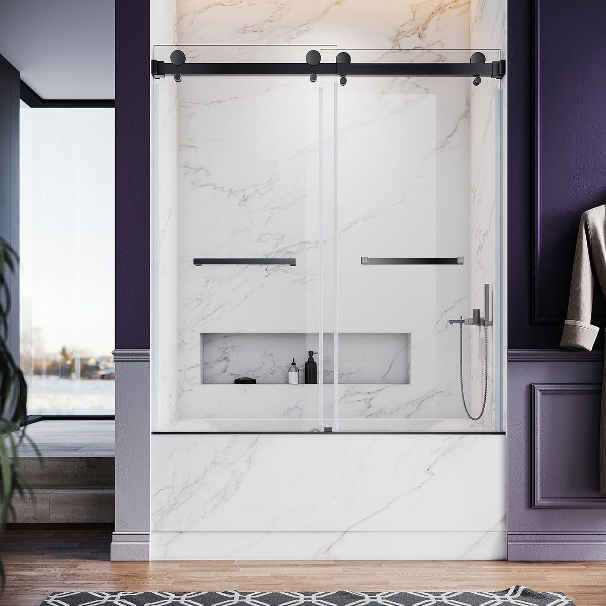 DSD01 56 to 65 in. W x 66in. 2TB H Double Sliding Frameless Shower Door, EnduroShield 3/8 in. Clear Glass