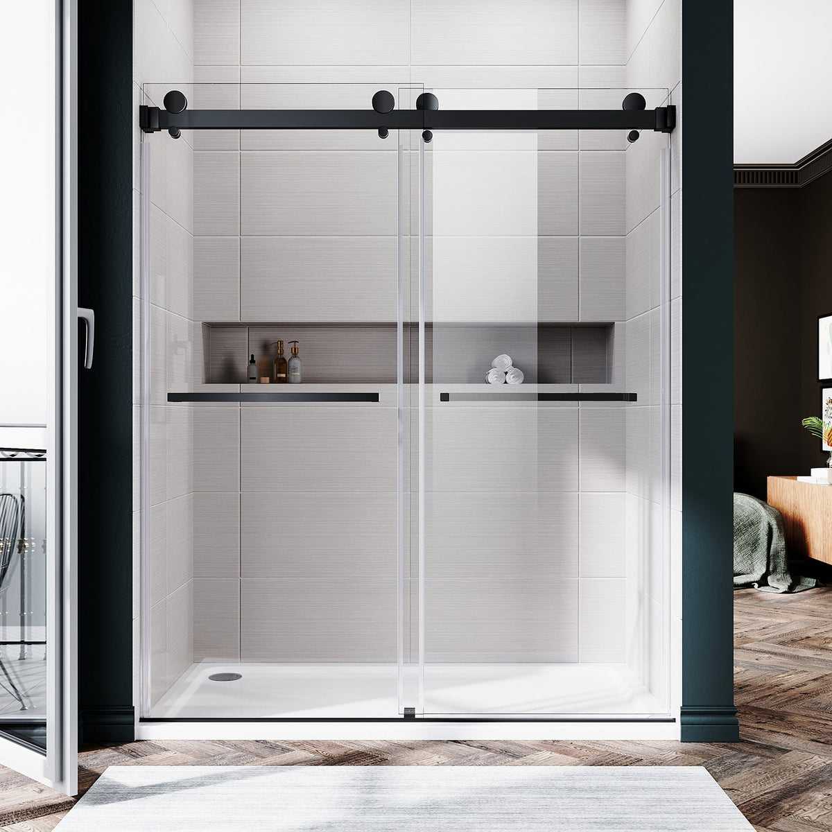 DSD01 56 to 60 in. W x 72 or 76in. 2FP H Double Sliding Frameless Shower Door, EnduroShield 3/8 in. Clear Glass