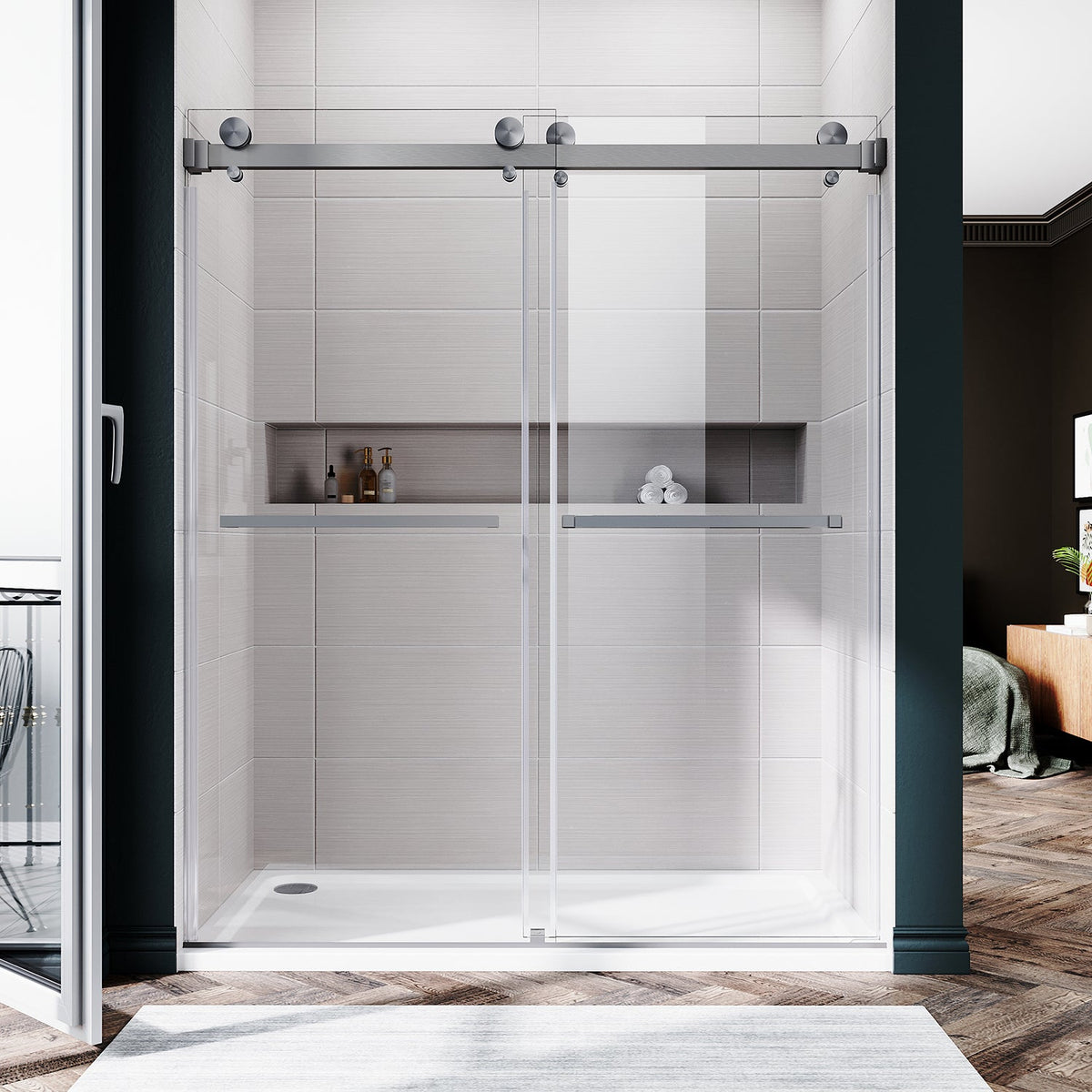 DSD01 56 to 60 in. W x 72 or 76in. 2FP H Double Sliding Frameless Shower Door, EnduroShield 3/8 in. Clear Glass