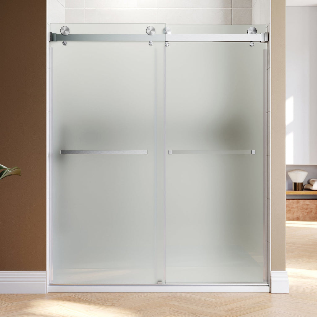 DS01-56 to 60 in. W x 80in. 2TB H Double Sliding Frameless Shower Door, EnduroShield 3/8 in. Acid Etch Glass