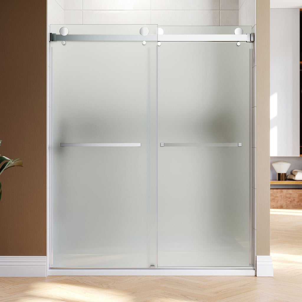 DS01-56 to 60 in. W x 80in. 2TB H Double Sliding Frameless Shower Door, EnduroShield 3/8 in. Acid Etch Glass
