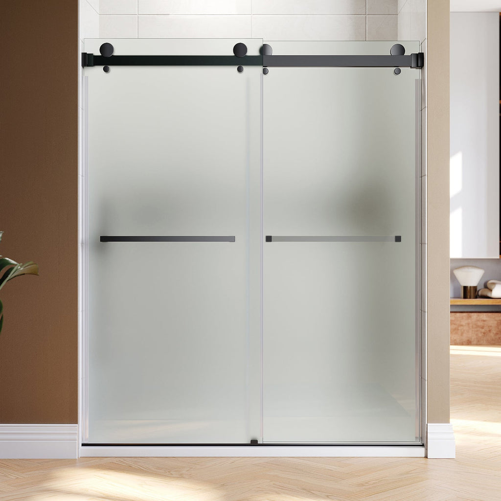 DS01-56 to 60 in. W x 80in. 2TB H Double Sliding Frameless Shower Door, EnduroShield 3/8 in. Acid Etch Glass