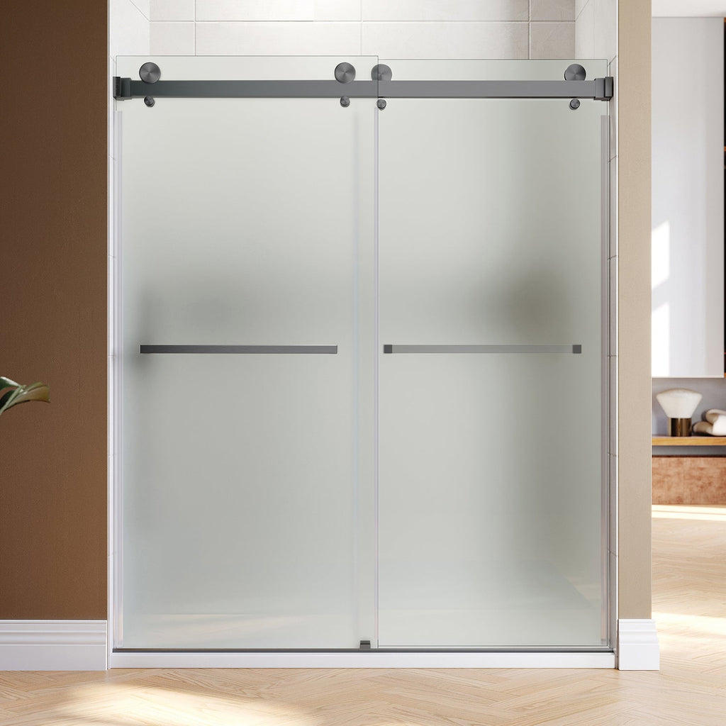 DS01-56 to 60 in. W x 80in. 2TB H Double Sliding Frameless Shower Door, EnduroShield 3/8 in. Acid Etch Glass