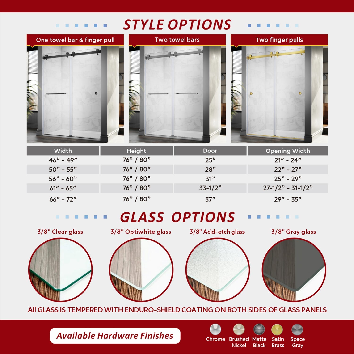 DS01-56 to 60 in. W x 80in. 2TB H Double Sliding Frameless Shower Door, EnduroShield 3/8 in. Acid Etch Glass