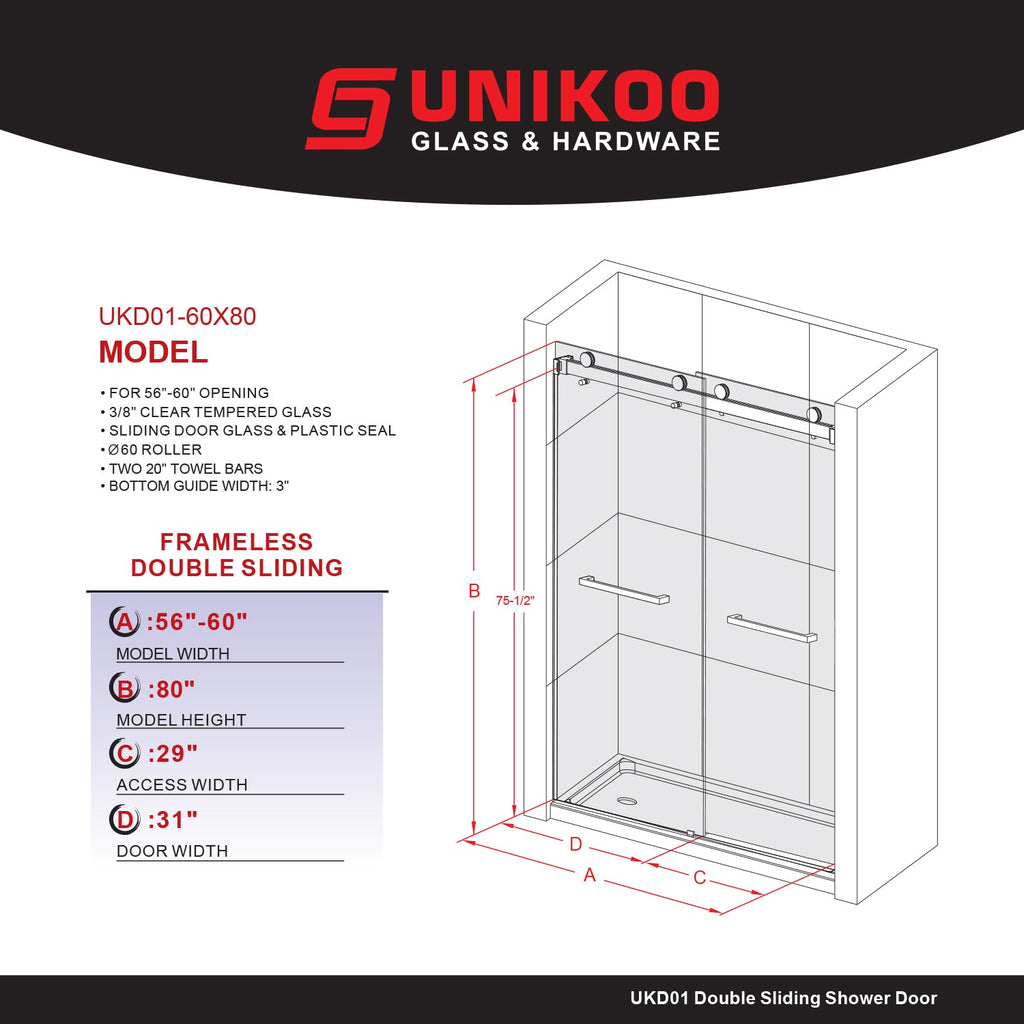 DS01-56 to 60 in. W x 80in. 2TB H Double Sliding Frameless Shower Door, EnduroShield 3/8 in. Optiwhite Glass