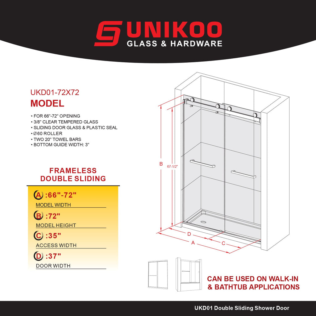 DSD01 66 to 72 in. W x72, 76 or 80in. 2TB H Double Sliding Frameless Shower Door, EnduroShield 3/8 in. Clear Glass