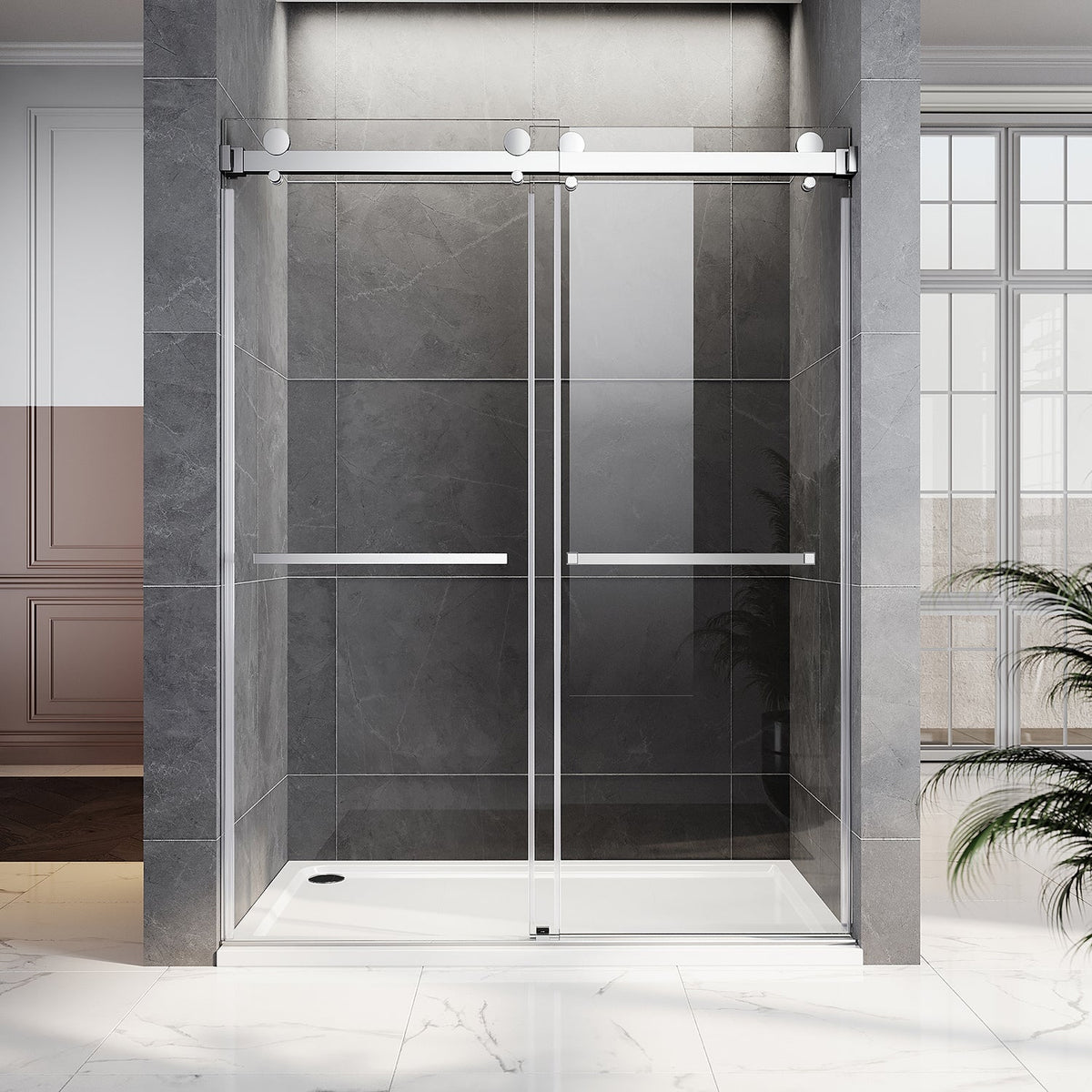 DSD01 66 to 72 in. W x72, 76 or 80in. 2TB H Double Sliding Frameless Shower Door, EnduroShield 3/8 in. Clear Glass