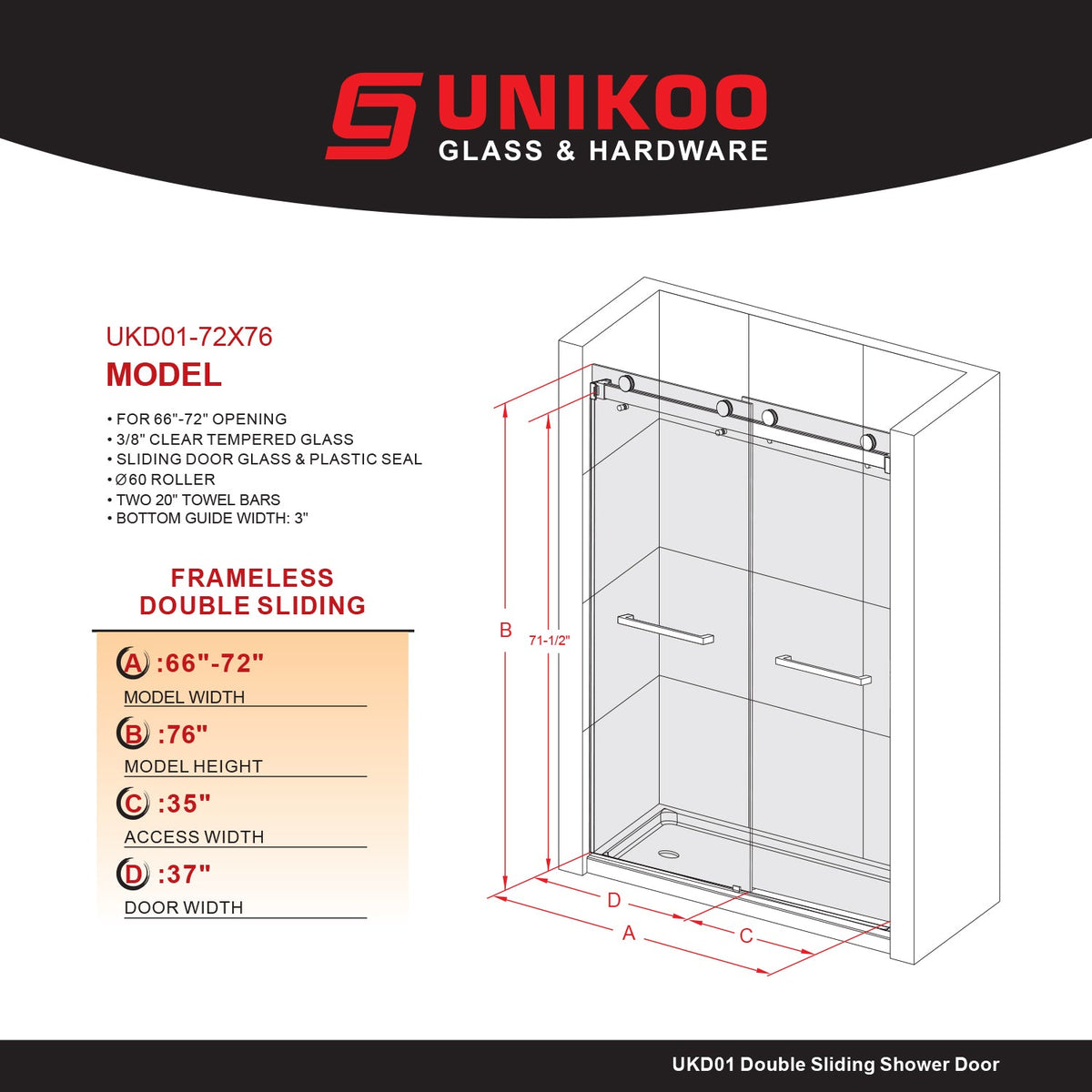 DSD01 66 to 72 in. W x72, 76 or 80in. 2TB H Double Sliding Frameless Shower Door, EnduroShield 3/8 in. Clear Glass
