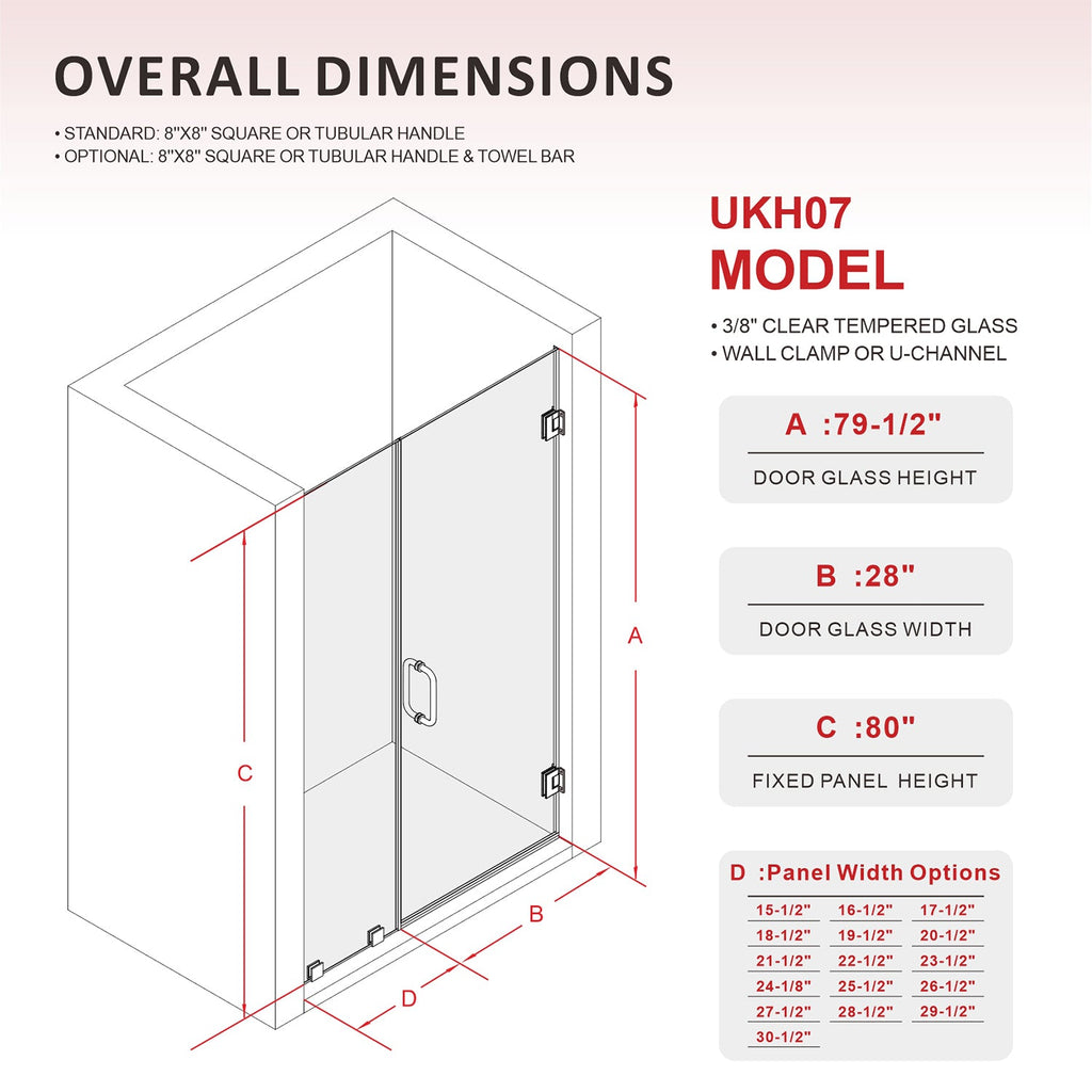 DSH07 50-1/8 in. to 51 in. W x 80 in. H Frameless Swing Shower Door in with Double 3/8" (10mm) Certified Tempered Clear Glass in 26/28 in. Door Panel